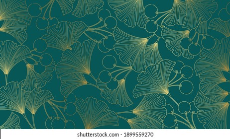 Bright vector premium background of ginko leaves and berries. Golden linart. Alternative medicine and homeopathy. Japanese culture and the symbol of Tokyo.