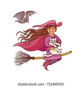 Bright vector pretty good girl witch on broom with white cat. Illustration humorous young magician and pet to all saints day. Children party Halloween. Charmers in pointed hat flying.