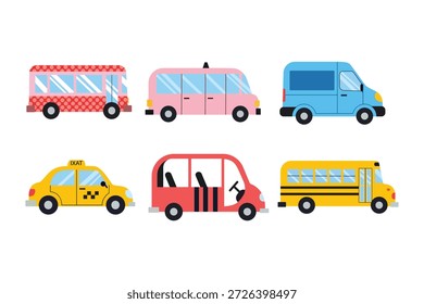 Helle Vektorfahrzeuge des öffentlichen Verkehrs Taxi-Bus-Van für Illustrationen

