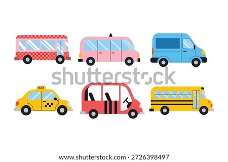 Bright vector public transport vehicles taxi bus van for illustrations

