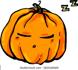 A bright vector pumpkin sleeps and snores sweetly after a fun Halloween celebration.