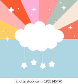 Afiche del arco iris del vector brillante. Ilustración de una nube en un arco iris. Imagen atmosférica, afiche interior para guardería, sala de estar, dormitorio