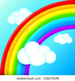 Bright vector rainbow in sky with white clouds