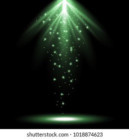 Bright vector rays from above with magic sparks, light effect isolated on black background, green color