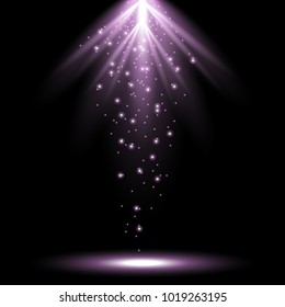 Bright vector rays from above with magic sparks, light effect isolated on black background, purple color