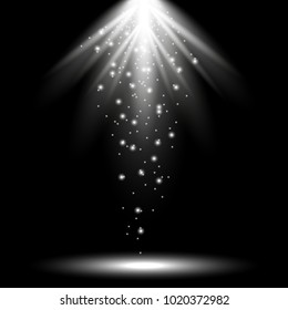 Bright vector rays from above with magic sparks, light effect isolated on black background, white color