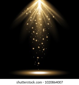 Bright vector rays from above with magic sparks, light effect isolated on black background, golden color