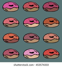 Bright vector retro pattern with illustrations donut. For food lovers. colored form to the cafe. It can be used for packaging, invitations, holiday greeting card, the image on a t-shirt, etc.