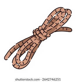 Bright vector rope, rope. Tie it up, climb it, it will come in handy in the forest. Flat cartoon style. Postcard, icon, sticker.