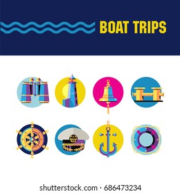 Bright vector round icons. Boat trips. Binoculars, lighthouse, ship bell, ship wheel, captain's cap, anchor, life buoy.