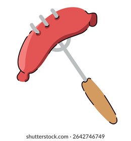 Bright vector sausage on a fork. We cooked over a campfire, a camping lunch and a flat cartoon-style dinner. Postcard, icon, sticker.