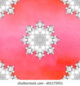 Bright vector seamless background. Pink watercolor backdrop. Turkish round floral pattern.