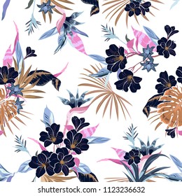Bright Vector seamless beautiful artistic fresh  tropical flowers pattern with exotic forest original stylish floral background print, on white 