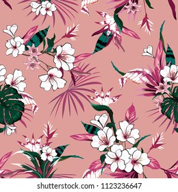 Bright Vector seamless beautiful artistic fresh  tropical white flowers pattern with exotic forest original stylish floral background print, on pink 