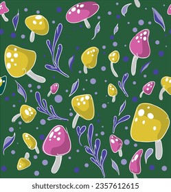 bright vector seamless image with colored mushrooms from the forest