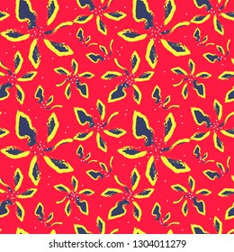 Bright vector seamless pattern abstract art yellow and blue flowers on a crimson background for bedding, textile, wallpaper, wrapping, cover page, web site, card, carton, print, fabric, banner.