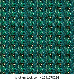 Bright vector seamless pattern. Abstract palm leaves and gold beads. Green background. Template for textile, wallpaper, print, web, carton, banner, ceramic tile, carpet.