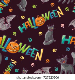 Bright vector seamless pattern to all saints day. Children celebration Halloween. Funny black cats funny flying mouse. A fun festive background for the party, gift wrapping or cards.