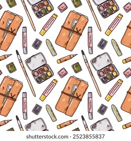 bright vector seamless pattern with art supplies