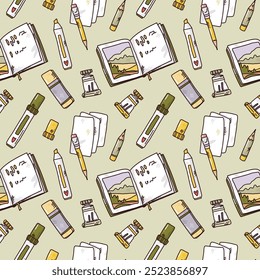 bright vector seamless pattern with art supplies