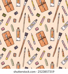 bright vector seamless pattern with art supplies