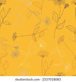 Padrão brilhante vetor sem emenda de crisântemos de outono em um fundo amarelo.
