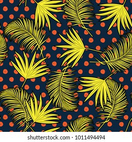 Bright vector seamless pattern beautiful artistic silhouette  tropical leaves in polka dot background  with exotic forest.colorful original stylish floral print on stylish navyblue  background.