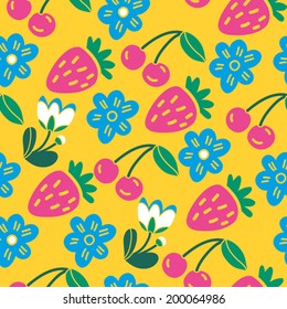 Bright vector seamless pattern of  berries and flowers