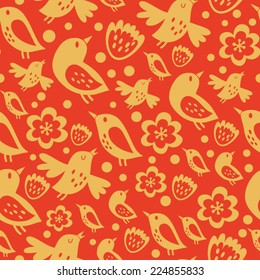 bright vector seamless pattern of birds and flowers.