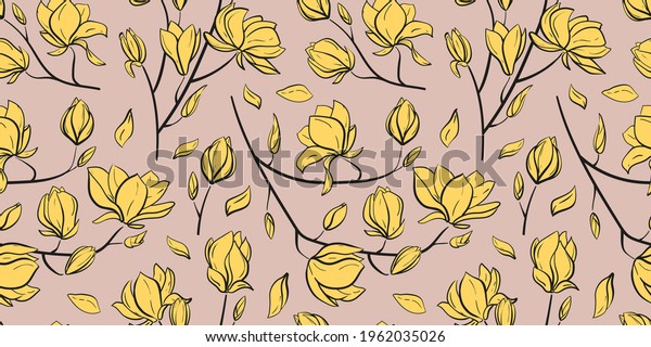 bright vector seamless pattern\
with branchs of yellow magnolia on delicate powdery pink\
background