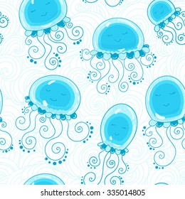 Bright vector seamless pattern with cartoon jellyfish.