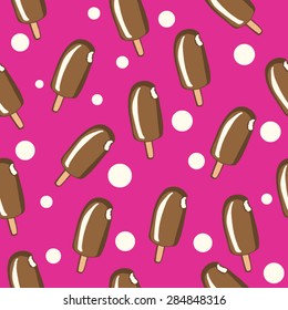 Bright vector seamless pattern of chocolate ice creams and white dots on pink background.