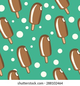 Bright vector seamless pattern of chocolate ice creams and white dots on green background.