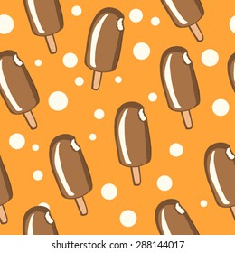 Bright vector seamless pattern of chocolate ice creams and white dots on orange background.