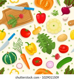 Bright vector seamless pattern of colorful vegetables. Fresh cartoon organic vegetable and cutting board isolated on beige background used for magazine, book, poster, card, menu cover, web pages.