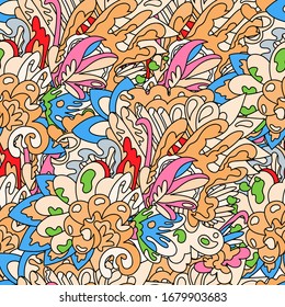 Bright vector seamless pattern, colorful intermingled foliage