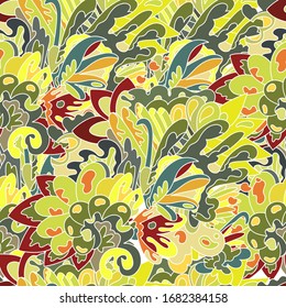 Bright vector seamless pattern, colorful intermingled foliage with white outlines