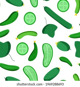 Bright vector seamless pattern of colorful fresh cucumbers.