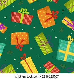 Bright vector seamless pattern with colorful gift boxes for Christmas and Happy new year on the green background. Ideal for christmas design and gift. Happy Holidays