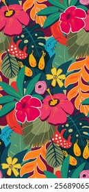 Bright vector seamless pattern with colorful tropical plants and flowers, palm leaves. Cute botanical abstract contemporary endless background. Hand drawn unique print.