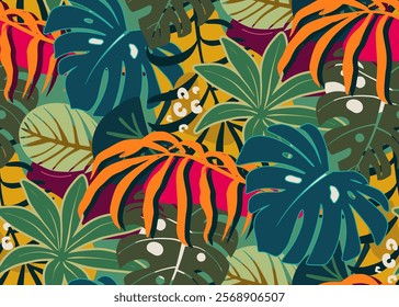 Bright vector seamless pattern with colorful tropical plants and flowers, palm leaves. Cute botanical abstract contemporary endless background. Hand drawn unique print.