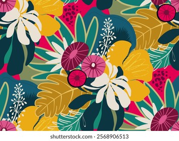 Bright vector seamless pattern with colorful tropical plants and flowers, palm leaves. Cute botanical abstract contemporary endless background. Hand drawn unique print.