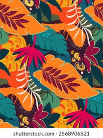 Bright vector seamless pattern with colorful tropical plants and flowers, palm leaves. Cute botanical abstract contemporary endless background. Hand drawn unique print.