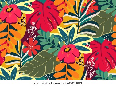 Bright vector seamless pattern with colorful tropical plants and flowers, palm leaves. Cute botanical abstract contemporary endless background. Hand drawn unique print.