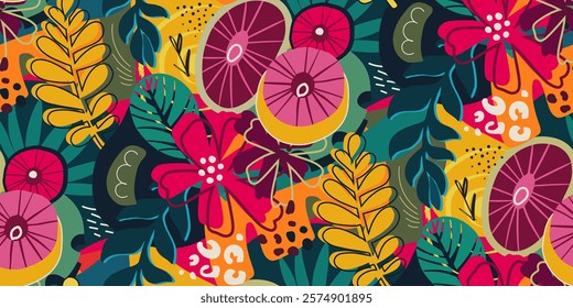 Bright vector seamless pattern with colorful tropical plants and flowers, palm leaves. Cute botanical abstract contemporary endless background. Hand drawn unique print.