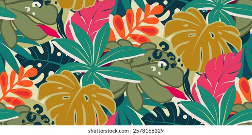 Bright vector seamless pattern with colorful tropical plants and flowers, palm leaves. Cute botanical abstract contemporary endless background. Hand drawn unique print.