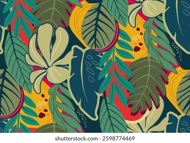 Bright vector seamless pattern with colorful tropical plants and flowers, palm leaves. Cute botanical abstract contemporary endless background. Hand drawn unique print.