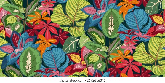 Bright vector seamless pattern with colorful tropical plants and flowers, palm leaves. Cute botanical contemporary endless background. Hand drawn unique print.