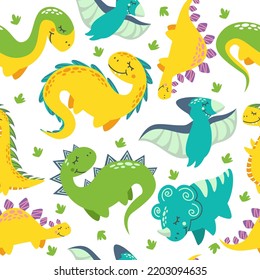 Bright vector seamless pattern. Cute dinosaurs. Pattern for baby clothes, textiles, diapers and fabrics.