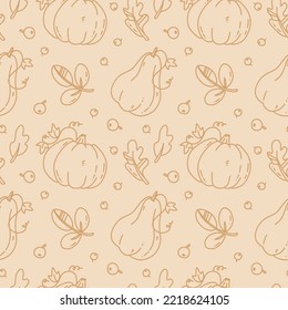 Bright vector seamless pattern with cute hand drawn elements. Cartoon pumpkins with autumn leaves and berries. Colorful background.